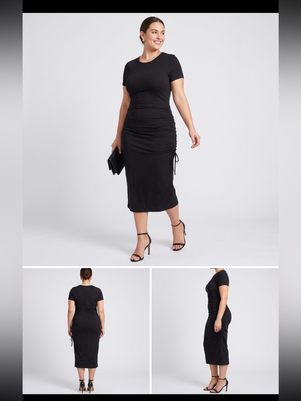 Black Short-Sleeve Ruched Midi Dress